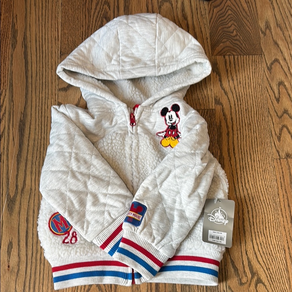 NWT Disney Store Mickey Mouse Gray Quilted Sherpa Jacket, 2T